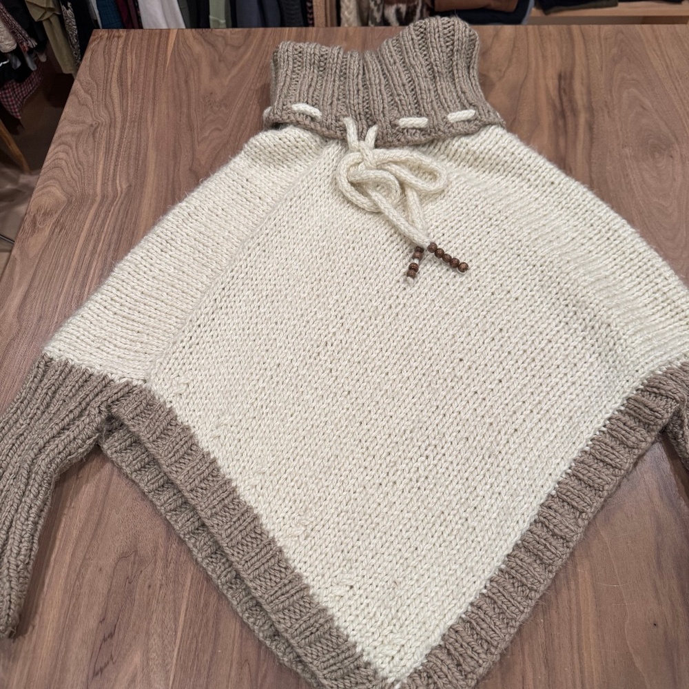 Tan and Cream Cowl Neck Chunky Hand Knit Poncho -OS